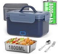 Vabaso 1.8L Cordless Electric Lunch Box, 8000mAh Rechargeable Battery Powered Heated Lunch Box for Adults, 75W Rapid Heating & Keep Warm,Self-Heating Food Warmer for Car,Truck,Office,Camping,Outdoors