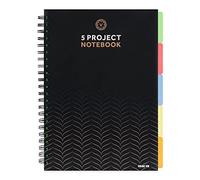 VABE UK A4 Project Notebook - 5 Dividers - 200 Pages (100 sheets) - 100gsm White Ruled Paper - Thick Matte Laminated Cover. (Black)