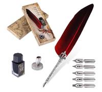 VABNEER Feather Quill Pen Set - Calligraphy Pen with Ink & 5 Replacement Nibs for Stationery Gift (Bright Red)