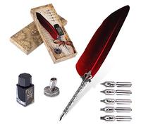 VABNEER Quill Pen Feather Pen Ink Pen Feather Calligraphy Pen Set Writing Quill Pen with Ink & 5 Replacement Nibs for Stationery Gift(Bright Red)