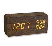 VABOO Digital Alarm Clock, USB Charging & Battery Powered,Desk Clock/Bedside/Alarm Clock for Bedrooms/Heavy Sleepers, Temperature Humidity Display 12/24 Hours,Brown