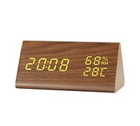 VABOO Digital LED Alarm Clock,LED Wood Digital Alarm Table Clock Date Temperature Humidity Display 12 / 24Hours,Digital Wooden Clock, Multi-Function Alarm Clock,Voice & Touch Activated