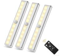 VABOO Under Cupboard Lights, 10 LED Under Cabinet Lights with Remote Control, Battery Powered LED Closet Light Wardrobe Kitchen Light, Stick-on Light for Closet, Stairs, 3 Pack,Warm White