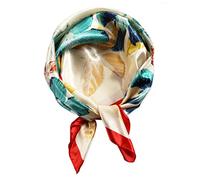 vabovin Silk Like Headscarf, 35x35 Satin Large Square Curly Hair Scarf Women's Fashion Headband (Green Flowers Beige Background)