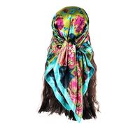 vabovin Women's 35" Satin Square Silk Like Hair Scarves and Wraps Headscarf for Sleeping (Green Pink Rose Flowers)