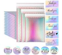 Vabrloy Pack of 50 Holographic Bubble Envelopes with 50 Thank You Cards, Poly Bubble Mailer, Self-Adhesive Mailing Bags with Bubble Film, Padded Envelopes for Packaging Storage, 3 Sizes