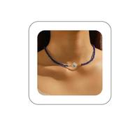 Vacaonio Boho Evil Eye Beaded Necklace Lucky Eye Collar Necklace Turquoise Beaded Chain Necklace Seed Bead Chain Necklace Summer Beach Necklace Rice Beads Necklace Jewelry for Women(Blue Beaded A
