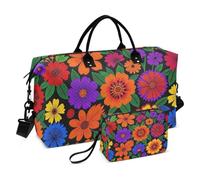 Vacation Bag Combo Two Piecing Combo Quilted Toiletry pouching Lightweight Storage Rainbow Folk Flowers