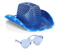 Vacation Cowboy Hat with String Light LED Shining Sequins Gleaming Sunglasses for Club Carnivals Music Festival