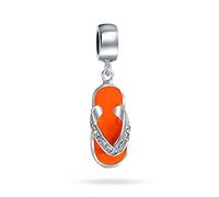 Vacation Flip Flop Sandal Orange CZ Dangle Travel Charm Bead For Women Sterling Silver Fits European Bracelet