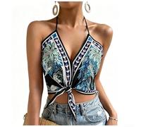 Vacation Style Printed Top Women Knotted Halter Sleeveless | Unique knotted front design, vibrant printed pattern, sleeveless halter , perfect for beach vacations
