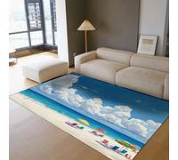 Vacation Style Rugs Fluffy White Clouds Coastal Beach Scenery Print Non Slip Thin Door Mat for Living Room Bedroom Seaside House 180 x 210 cm