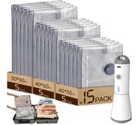 Vacbird Vacuum Bags for Clothes with Wireless Vacuum Pump, Pack of 15 (5 x 40 x 50 cm, 5 x 40 x 60 cm, 5 x 50 x 60 cm), Reusable Vacuum Bags for Travel, Duvets, Moving, Bed Linen