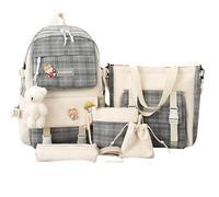 Vacclo 5Pcs Set Kawaii Plaid Backpack Combo Kit - with Pin and Bear Pendant - Cute Children's Backpack, Handbag, and Tote Bag - Back to School Supplies (Black)