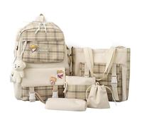 Vacclo 5Pcs Set Kawaii Plaid Backpack Combo Kit - with Pin and Bear Pendant - Cute Children's Backpack, Handbag, and Tote Bag - Back to School Supplies (Khaki)
