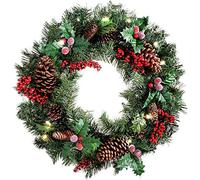 Vacclo Natural Pine Cone and Berry Decorated Pre-Lit Wreath Christmas Decoration Illuminated with 10 Warm White LED Lights, 40 cm - Red.