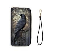 VACGBJPG Large Capacity Women’s Wallet with RFID Blocking, Long PU Leather Clutch Purse with Wristlet and Card Organizer for Travel & Everyday Use, Raven Stained Glass Art
