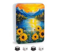 VACGBJPG Metal Tin Box with Lid,Multi-functional Storage Box Can Store Tea Biscuits Game Cards, Playing & Tarot Cards-Comes with 4 Magnetic Cord Clips,Oil painting Sunflowers Snow Mountain Sunset