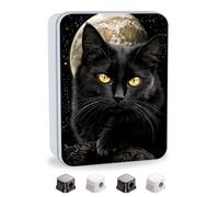 VACGBJPG Metal Tin Box with Lid,Multi-functional Storage Box Can Store Tea Biscuits Game Cards, Playing & Tarot Cards-Comes with 4 Magnetic Cord Clips,Black Cat Moon
