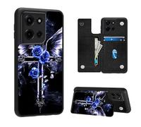 VACGBJPG Phone Wallet Case for Moto Edge Plus 2023,Flip PU Leather Phone Protective Cover with RFID Blocking and 3 Card Slots Kickstand for Motorola G 5G 2025,Angel Wings Cross Roses