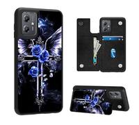 VACGBJPG Phone Wallet Case for Moto G 5G 2023,Flip PU Leather Phone Protective Cover with RFID Blocking Function and 3 Card Slots Kickstand for Motorola G 5G 2023,Angel Wings Cross Roses