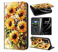 VACGBJPG Phone Wallet for Galaxy S22 Ultra with Card Holder for Samsung Galaxy S22 Ultra Case RFID Blocking Stand with PU Leather Folio Phone Cover Magnetic Closure,Sunflowers Oil Painting