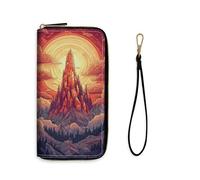 VACGBJPG Womens Rfid Blocking Wallet, PU Leather Long Clutch Purse with Wristlet, Multi Card Slots Travel Wallet for Ladies Shopping, Red Sun and Golden Mountain