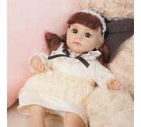 VacosHeart 14inch Reborn Baby Doll, Vinyl Limbs/Cotton Body, Brown Hair with Bangs/White Headband, Big Black Eyes/Long Lashes, Suitable as Baby Girl Items Gift