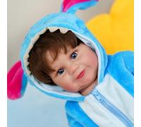 VacosHeart 20inch Reborn Baby Doll in Blue Shark Outfit with Long Hair/Open Eyes/Vinyl Soft Body/Pink Ears Embroidered Romper-Gift for Kids' Birthday