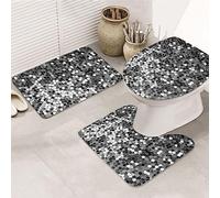 VACSAX Bath Mat Set 3 Piece Silver Sequin Sparkle Pattern Print Bathroom Rugs Set Non-Slip Absorbent Microfiber Bathroom Mats Contour Mat Toilet Seat Cover