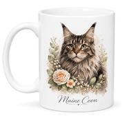 Vacso Trading Cat Lover Coffee Mug - Floral Cat Breed Mug Collection - Cute Illustration Ceramic Mug - Mum Gift - 11oz White Mug (Maine Coon)