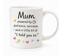 Vacso Trading Funny Mum Coffee Mug - “Mum Powered by Patience, Sarcasm & I Told You So” Novelty Gift | Humorous Mother’s Day Mug | Cute Coffee Cup for Mom, Mama