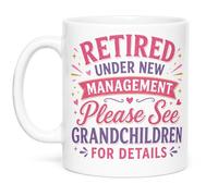 Vacso Trading Funny Retirement Mug - “Retired Under New Management Please See Grandchildren for Details” Coffee Mug - 11oz White Sublimation Mug - Retirement Gift for Grandma or Grandad