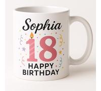 Vacso Trading Personalised Birthday Mug for Women - Custom Pink Age with Candle & Any Name - 11oz Ceramic Gift for 18th, 21st, 30th, 40th, 50th & 60th Birthdays (18th Birthday Mug)