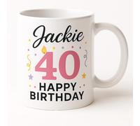 Vacso Trading Personalised Birthday Mug for Women - Custom Pink Age with Candle & Any Name - 11oz Ceramic Gift for 18th, 21st, 30th, 40th, 50th & 60th Birthdays (40th Birthday Mug)