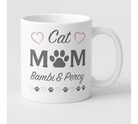 Vacso Trading Personalised Cat Mom Mug - Custom Name Mug with Light Grey Text, Paw Prints & Pink Hearts - 11oz White Ceramic Coffee Cup - Gift for Cat Lovers, Moms, Pet Owners