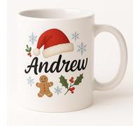 Vacso Trading Personalised Christmas Mug with Custom Name - Festive Santa Hat, Gingerbread Man & Holly Design - 11oz White Ceramic Holiday Mug - Custom Gift for Men, Women & Kids