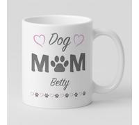 Vacso Trading Personalised Dog Mom Mug - Custom Name Mug with Light Grey Text, Paw Prints & Pink Hearts - 11oz White Ceramic Coffee Cup - Gift for Dog Lovers, Moms, Pet Owners