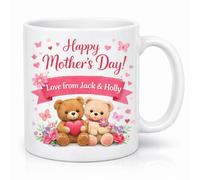 Vacso Trading Personalised Happy Mother’s Day Mug - Custom Kids Names Teddy Bear Coffee Cup | Cute Mother’s Day Gift for Mum | Personalised Floral Bear Tea Mug | Gift from Children