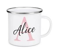 Vacso Trading Personalised Initial Enamel Mug - Custom Name Camping Mug for Adults & Kids - Lightweight Enamel Mug - Personalised Coffee Cup Gift (Pink Initial)