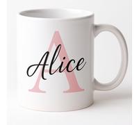 Vacso Trading Personalised Initial Mug - 11oz Custom Name Coffee Cup | Blue or Pink Initial with Black Name | Gift for Women & Men (Pink Initial)