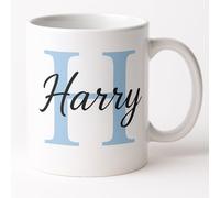 Vacso Trading Personalised Initial Mug - 11oz Custom Name Coffee Cup | Blue or Pink Initial with Black Name | Gift for Women & Men (Blue Initial)