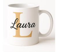 Vacso Trading Personalised Initial Mug - Custom Letter & Name in 5 Colours (Red, Lilac, Army Green, Grey, Beige) - 11oz White Ceramic Mug - Custom Gift for Men, Women, Kids, Teachers (Beige Initial)