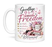 Vacso Trading Retirement Mug for Women - Goodbye 9 to 5 Hello Freedom Mug - Funny Retirement Gift - 11oz White Sublimation Coffee Mug - New Chapter Retirement Present for Her