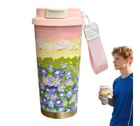 Vacuum Insulated Coffee Travel Mug - Reusable Cup with Lid | 500 ml Travel Coffee Cup | Floral Pattern Double Drink Mode Water Bottle with Lantern and Lid Uncover-proof Cup for Hot