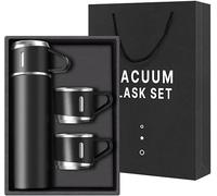 Vacuum Insulated Flask Gift Set - Black Stainless Steel Thermal Bottle with 3 Cups, Leakproof Travel Mug, Premium Hot & Cold Drink Gift Set