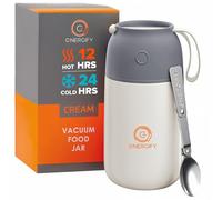 Vacuum Insulated Food Jar. Large 24oz Bowl incl. Folding Spoon, Cup. Wide Mouth thermos Keep Hot & Cold Drinks Soup thermo Lunch Container for Adults. BPA-Free Stainless Steel, Leak Proof, Cream