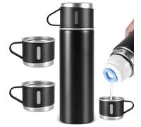 Vacuum Insulated Water Bottles, 500ml/17.6oz Stainless Steel Travel Mug with 3 Covers, Water Bottle & Cool Water Bottle Cup Set for Water Coffee Tea (Black)