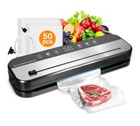 Vacuum Sealer Machine with 50 Premium Bags, 6-in-1 Food Vacuum Sealer 75KPa, Built-in Cutter & Visible LED Countdown, Automatic Food Grade Sealer for Meat, Veg, Snacks, Fruit, Kitchen Storage