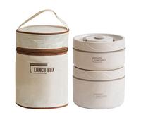 Vacuum Stainless Steel Leak Proof and Insulated Stainless Steel Three-Layer Lunch/Snack Box (with Insulation Bag), Suitable for Bringing Food to Office, Picnics (2, Beige)